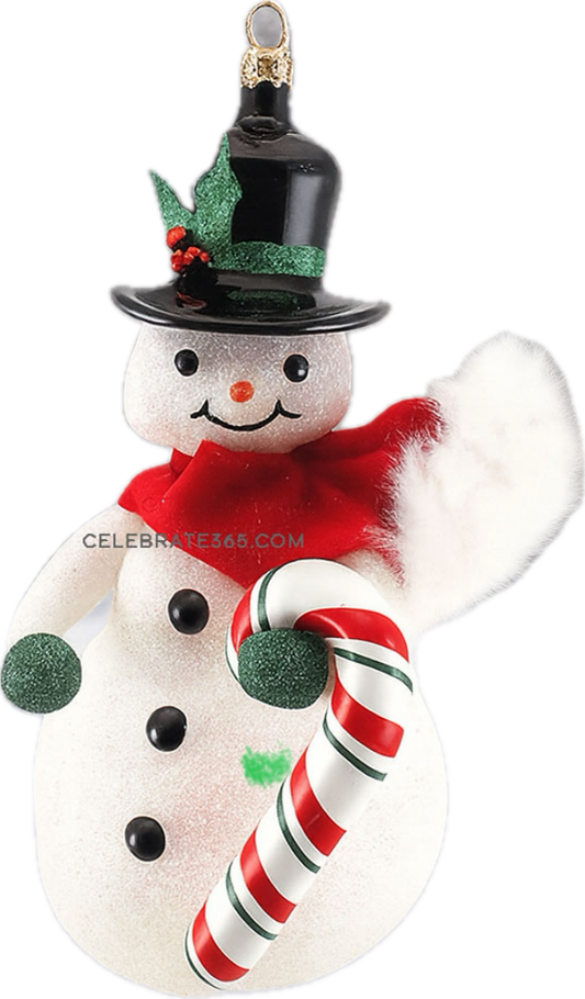 DeCarlini Snowman with Glass Hat and Candy Cane