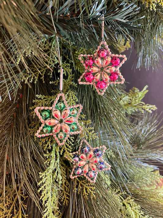 ChristmasJules Beaded Star Christmas Ornament - Set of 3 - Bright