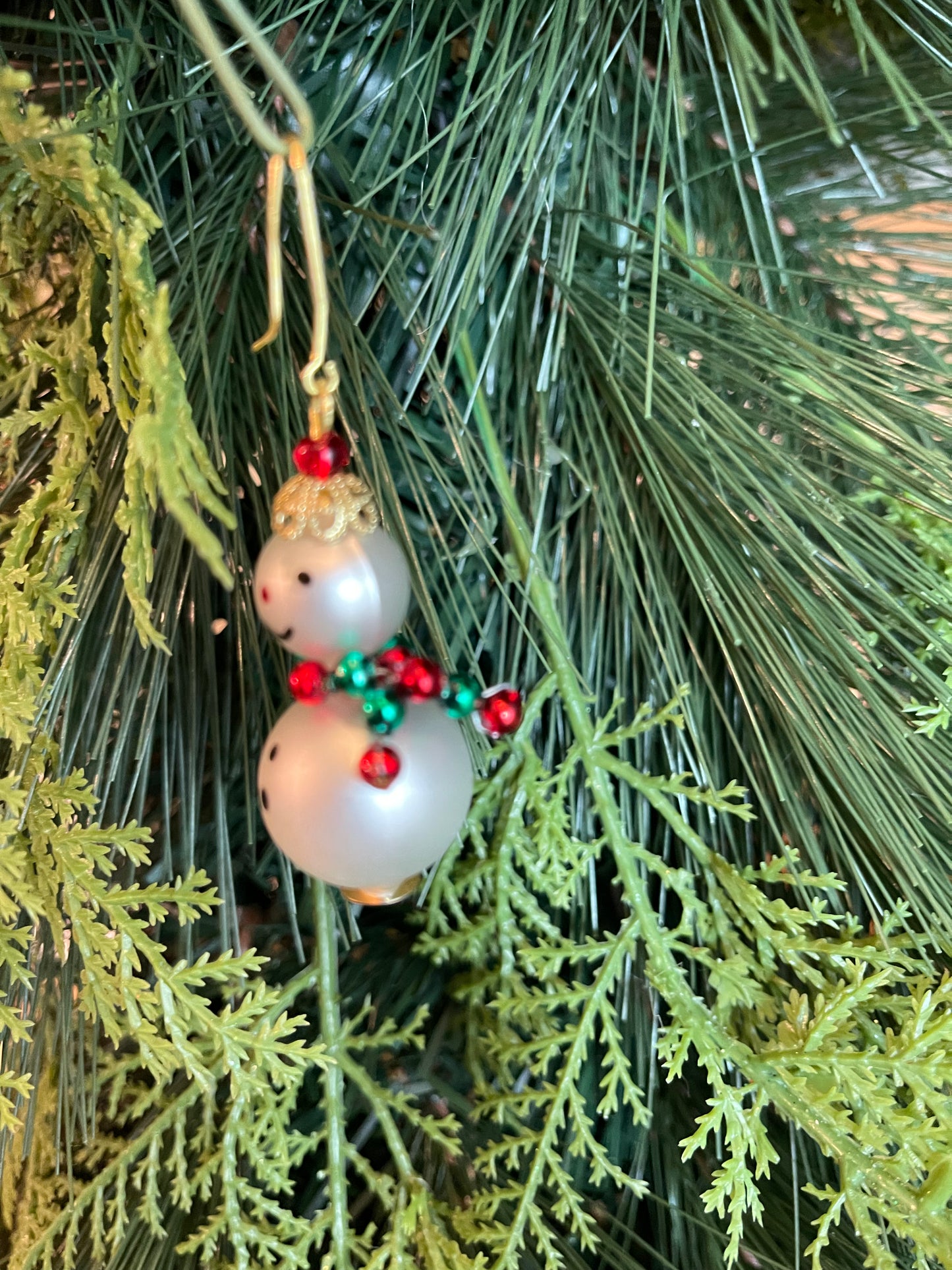 Snowman with Red and Green Scarf - Czech Beaded Ornament