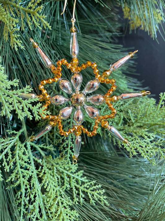 Silver and Gold Snowflake - Czech Beaded Ornament