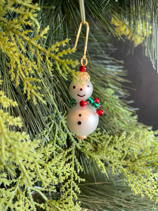 Snowman with Red and Green Scarf - Czech Beaded Ornament