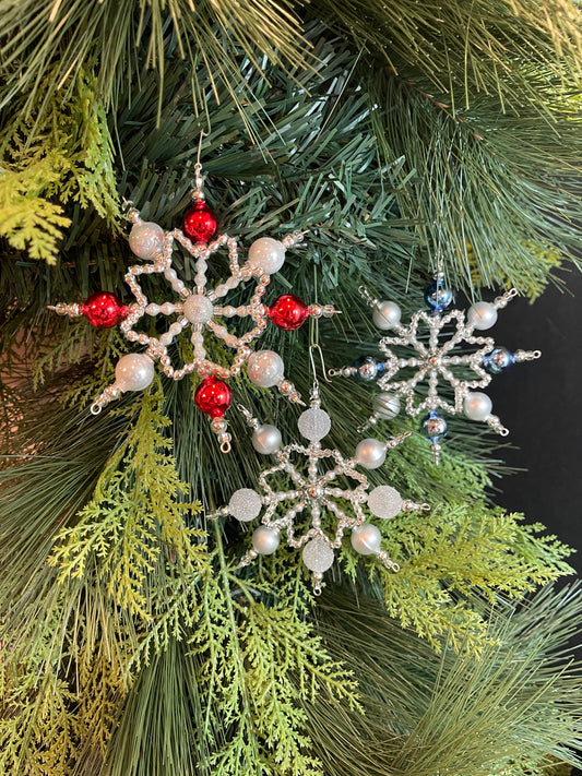 Snowflake Bright Christmas Set of 3 Beaded Czech Ornaments - Christmas Jules