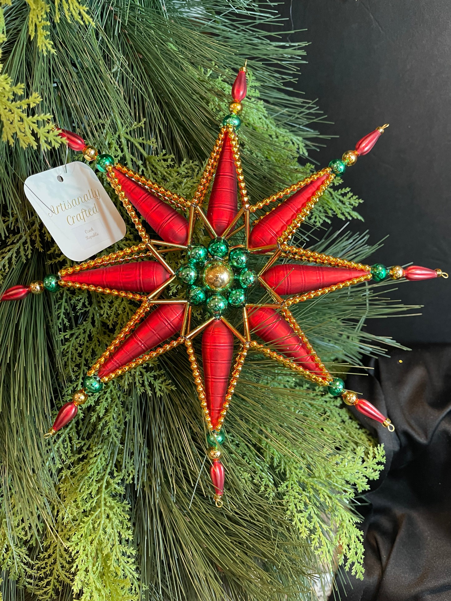 Large Red/Green/Gold Beaded Czech Star Clip