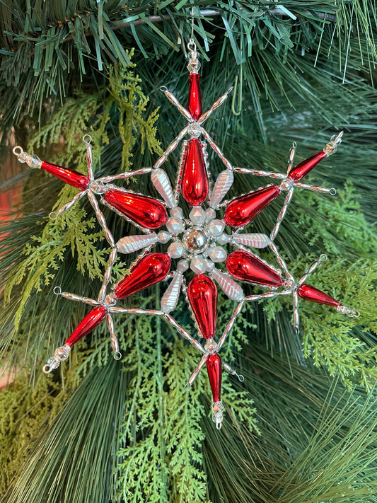 Large Red / Silver Snowflake - Czech Beaded Ornament Christmas Jules