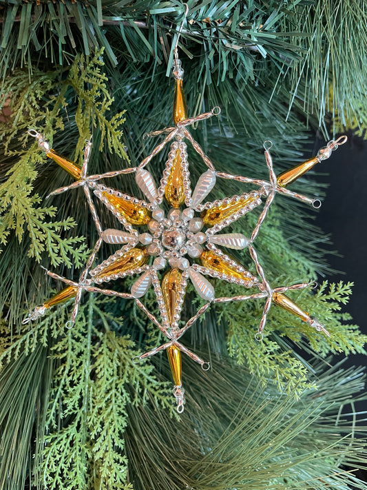 Large Snowflake - Gold and Silver Czech Beaded Ornament Christmas Jules